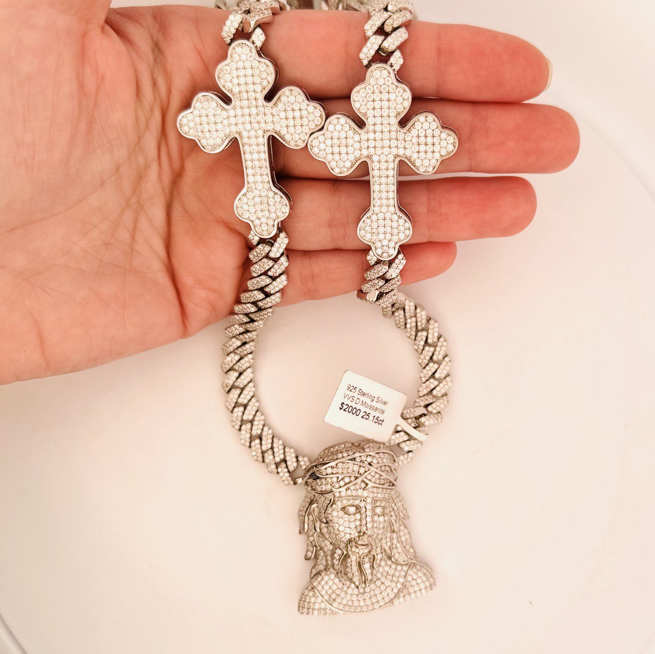 Sterling Silver Solid Jesus and Cross Chain Necklas with VVS Moissanite Stones