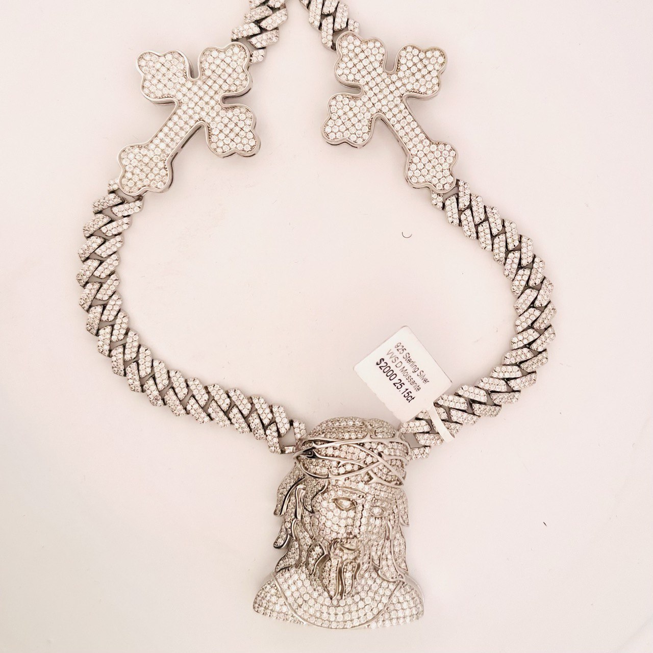 Sterling Silver Solid Jesus and Cross Chain Necklas with VVS Moissanite Stones