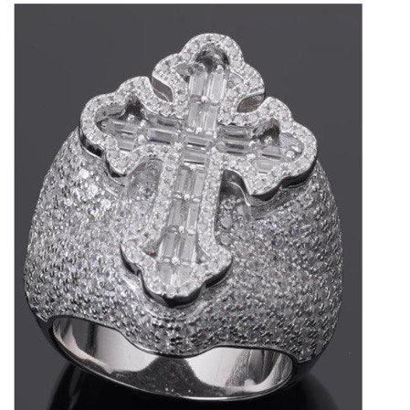 Sterling Silver Cross Pave Set Ring with VVS Moissanite Stones, Two Color Options, 6.02 Total Carats