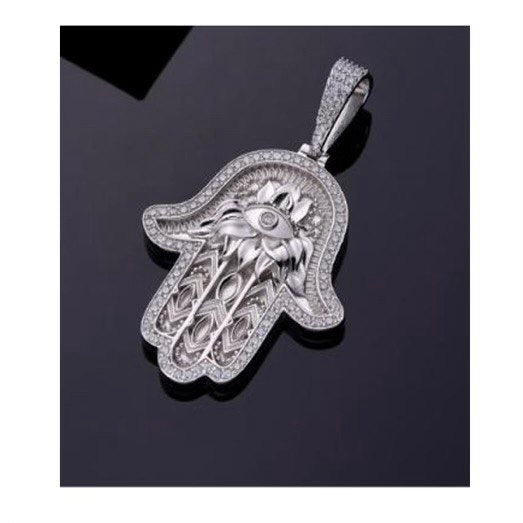 Sterling Silver Hamsa Hand Pendant/Charm with VVS Moissanite Stones, 1.17 Total Carats