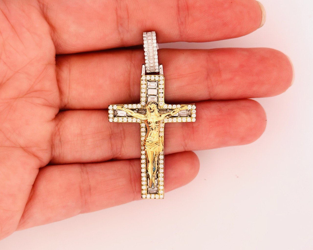 Sterling Silver VVS Moissanite Cross Pendant - Two-Tone Finish