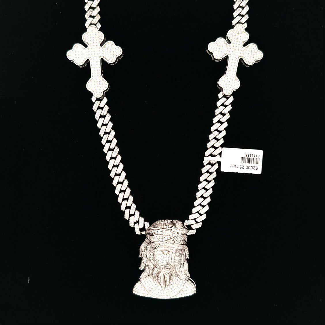 Sterling Silver Solid Jesus and Cross Chain Necklas with VVS Moissanite Stones