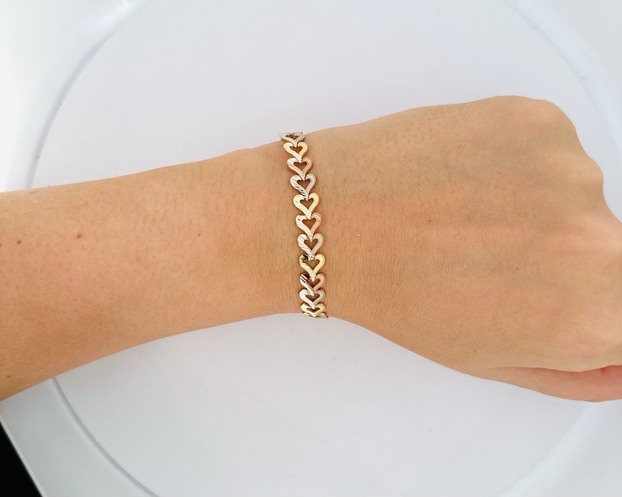 10K , 3Color Dia-Cut Heart Bracelet , 7.8MM