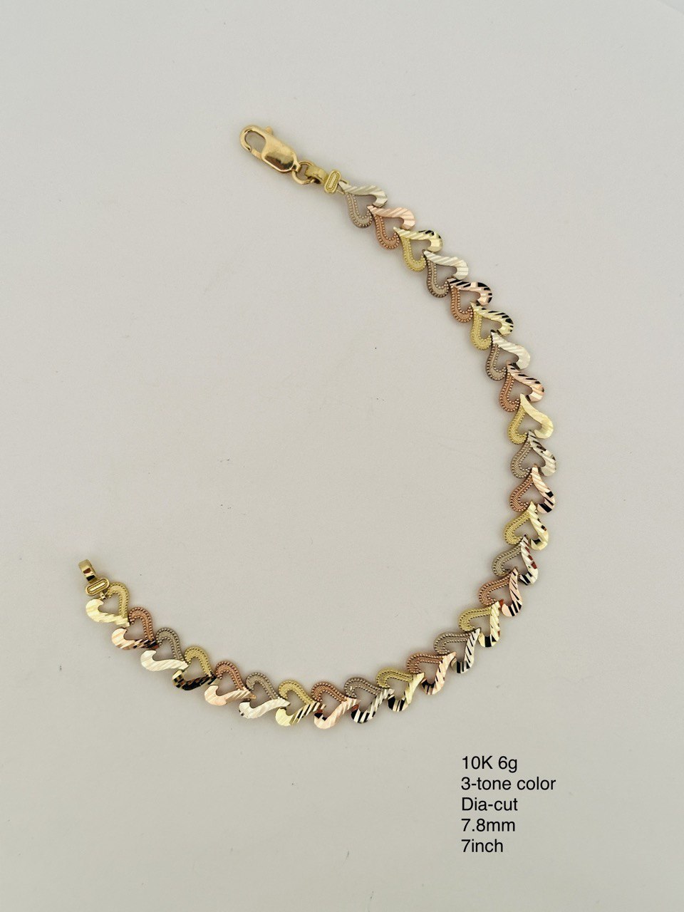 10K , 3Color Dia-Cut Heart Bracelet , 7.8MM