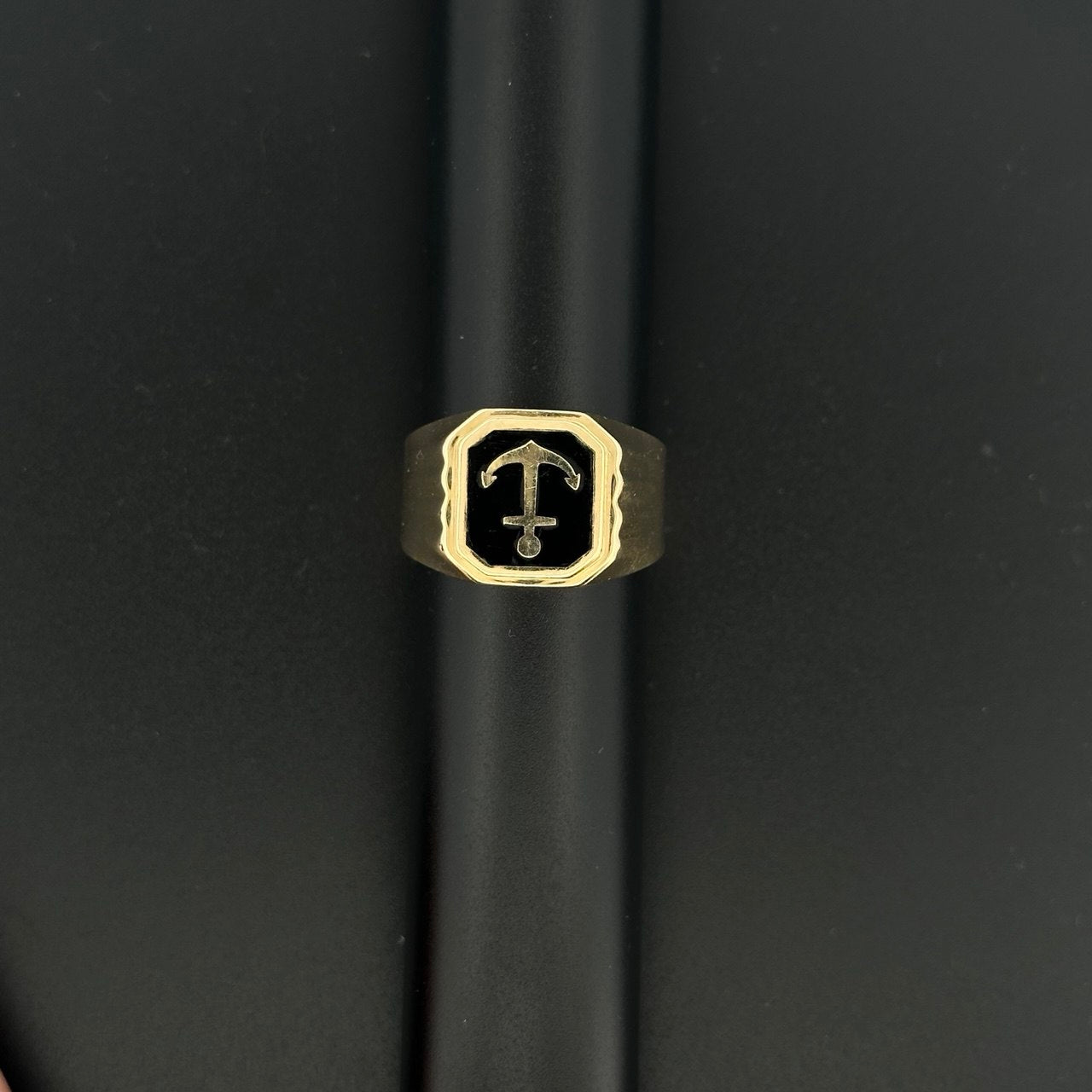 14K Gold Anchor with Onyx Ring