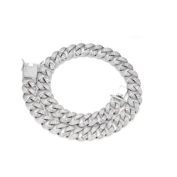 Sterling Silver Solid Miami Cuban Chain Necklace, 16mm, VVS Moissanite Stones, 42.21 Total Carats