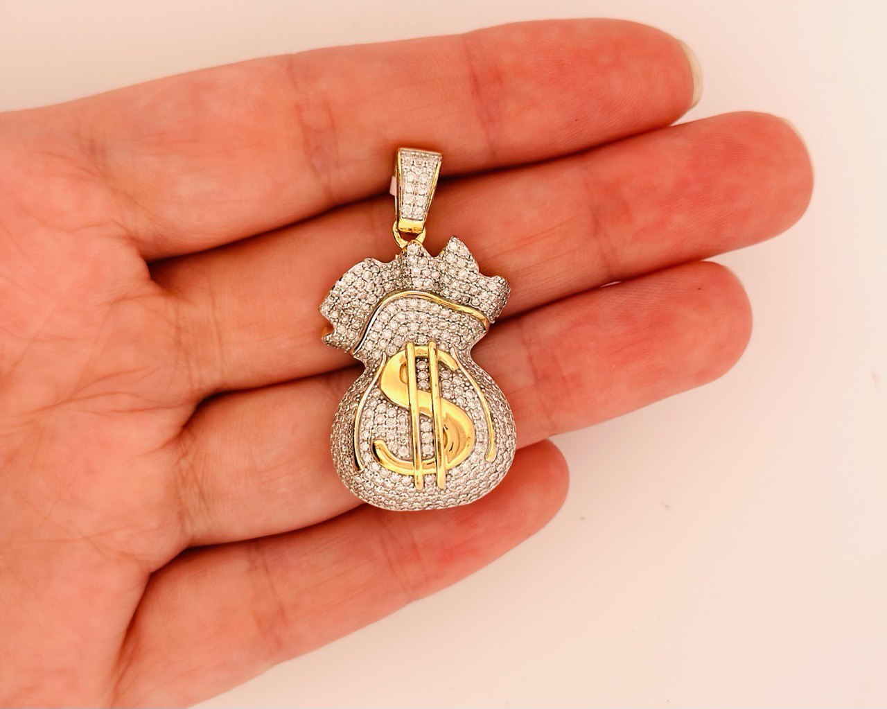 Sterling Silver VVS Moissanite Money Bag Pendant - Two Tone, 1.77 Carat