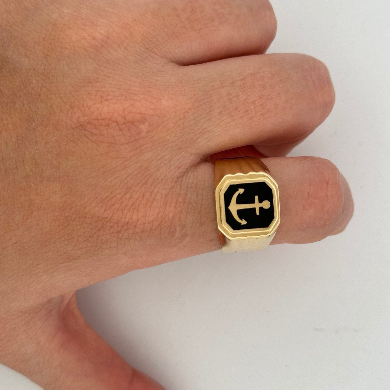 14K Gold Anchor with Onyx Ring