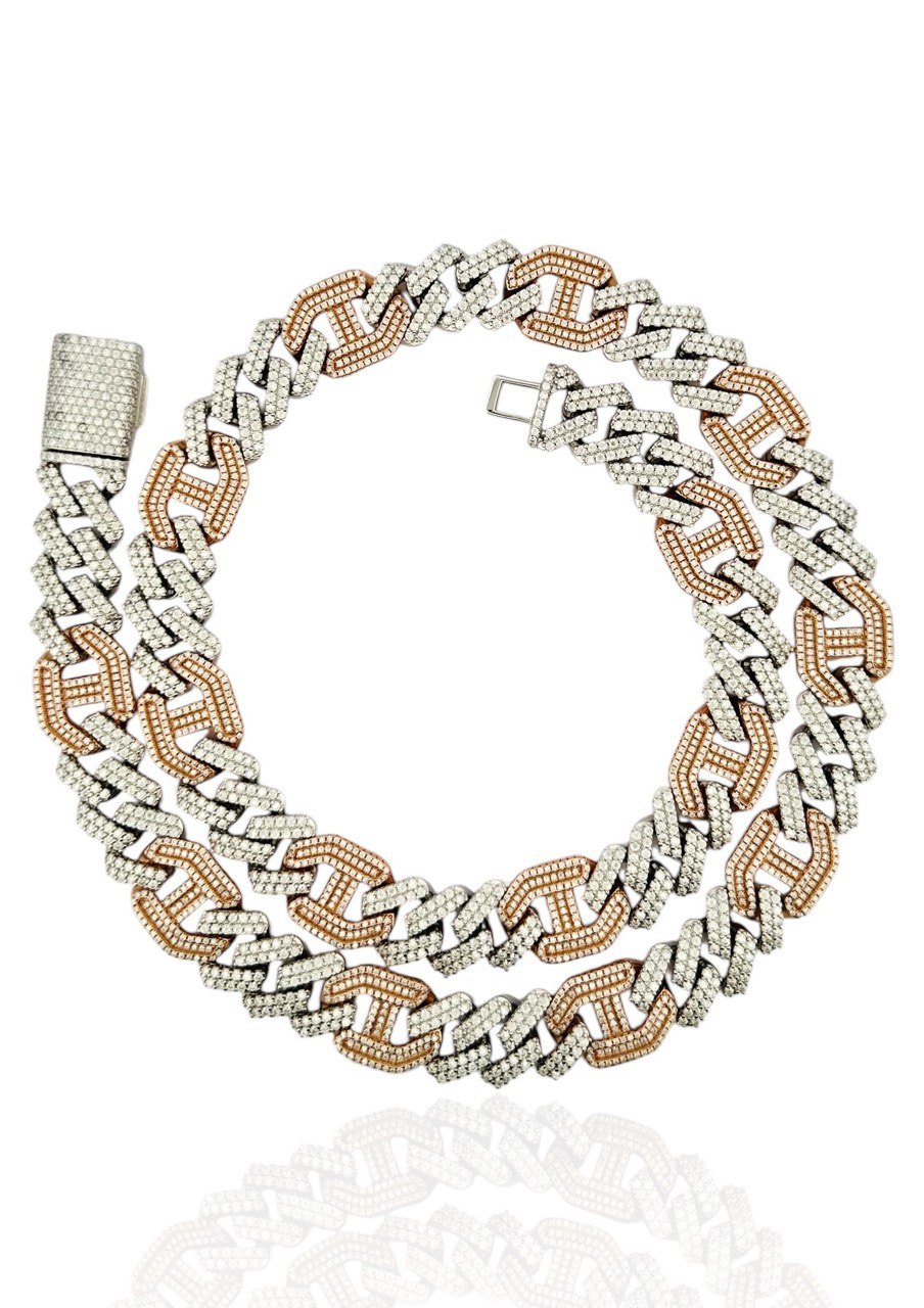 Sterling Silver Solid New Style Miami Cuban Chain Necklace with VVS-D Moissanite Stones, Three Color Options
