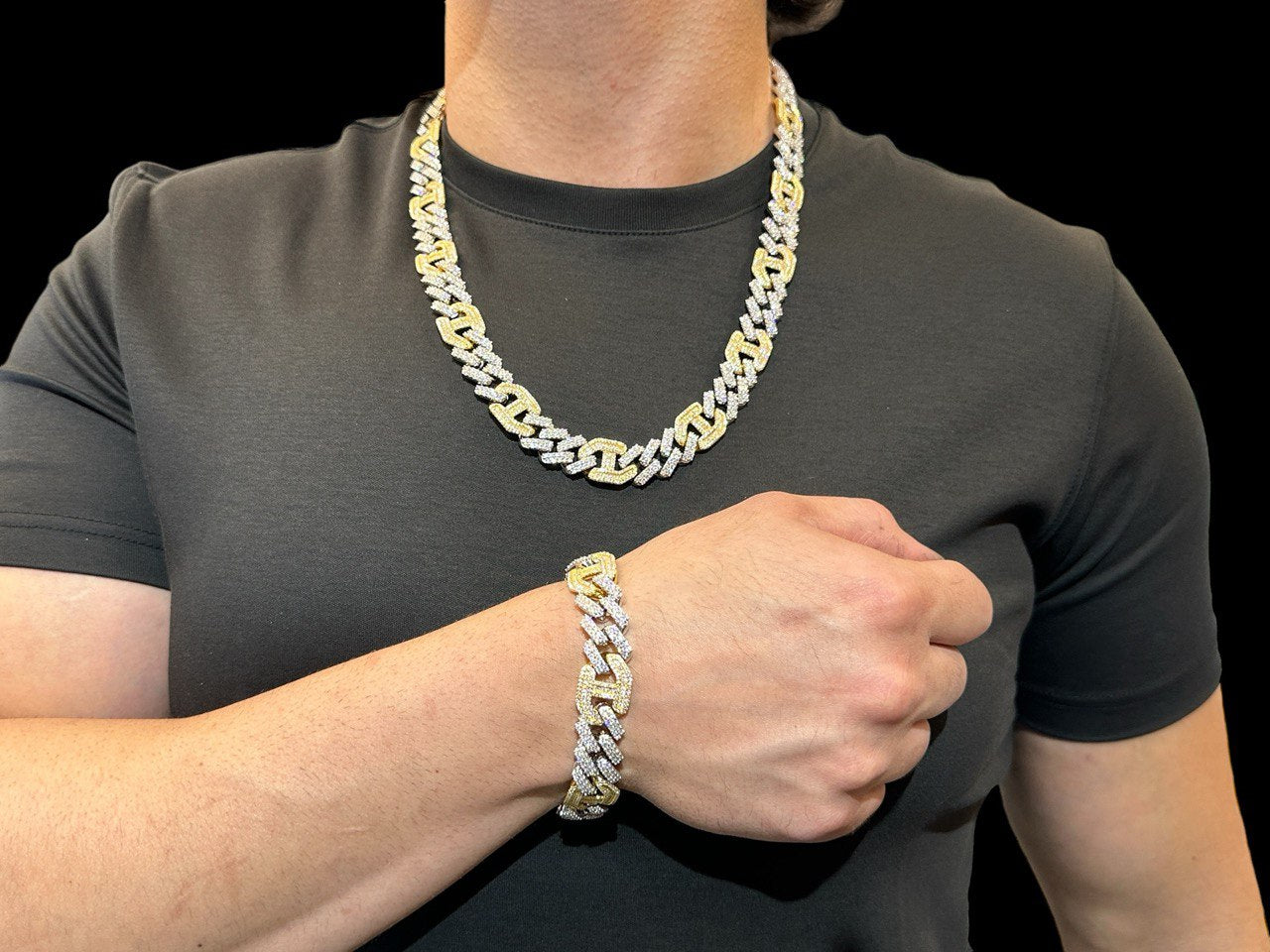 Sterling Silver Solid New Style Miami Cuban Chain Necklace with VVS-D Moissanite Stones, Three Color Options