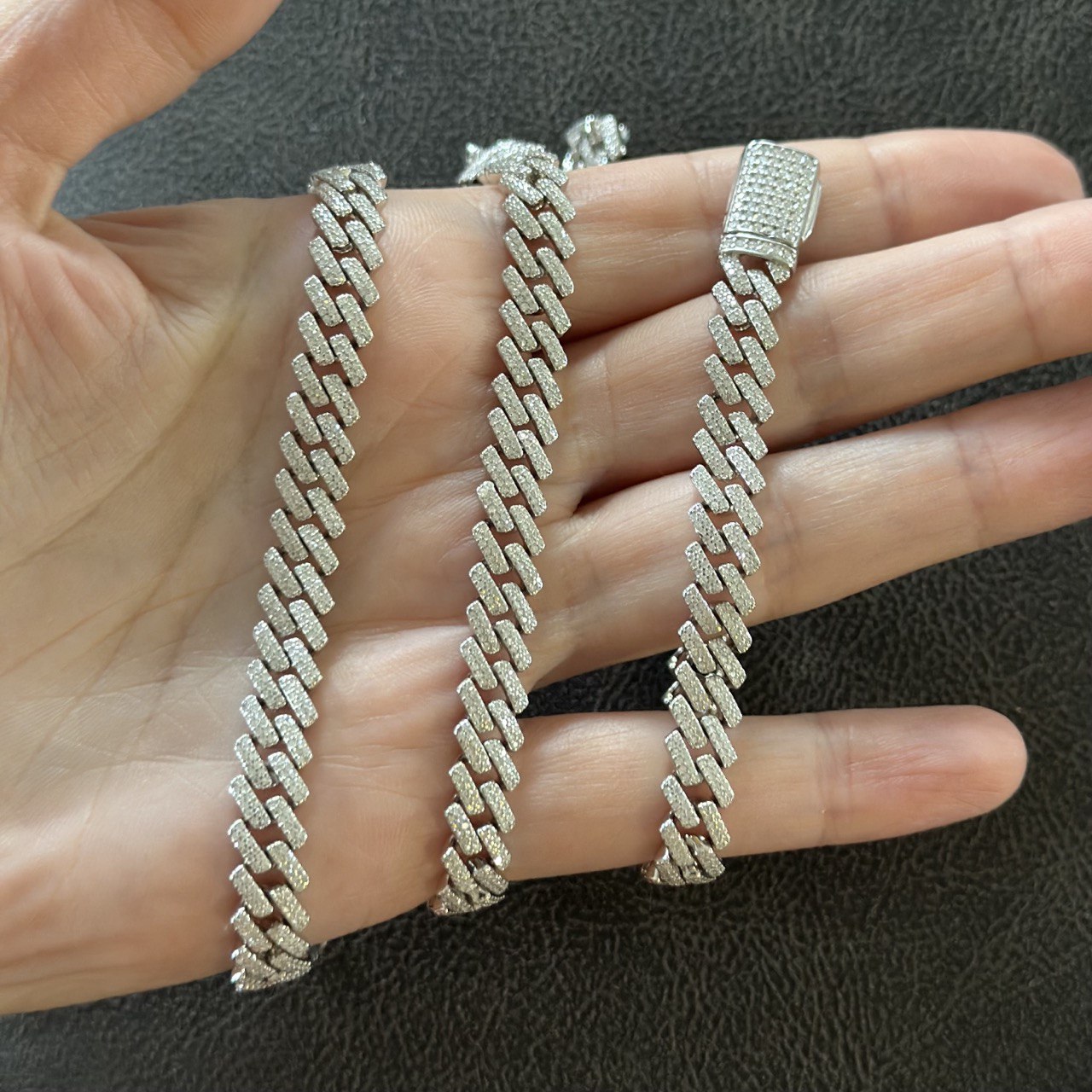 Sterling Silver Solid Miami Cuban Link Chain with VVS Moissanite Stones - 8MM