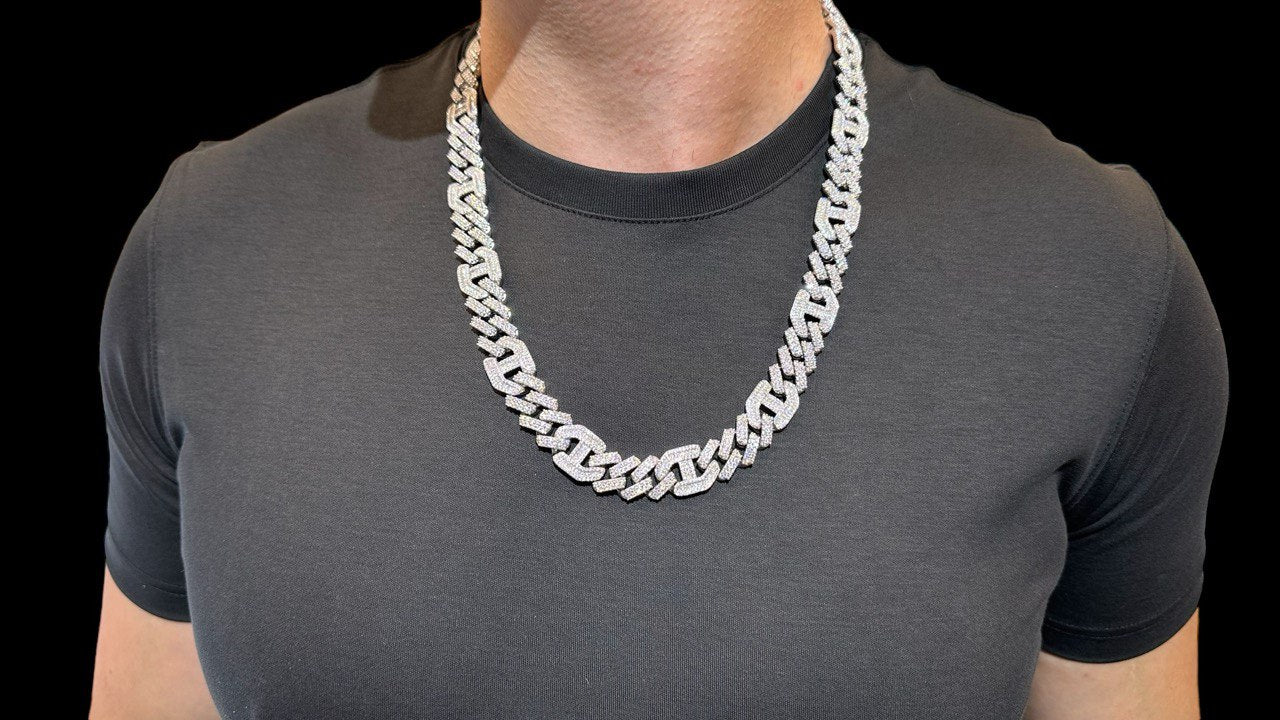 Sterling Silver Solid New Style Miami Cuban Chain Necklace with VVS-D Moissanite Stones, Three Color Options
