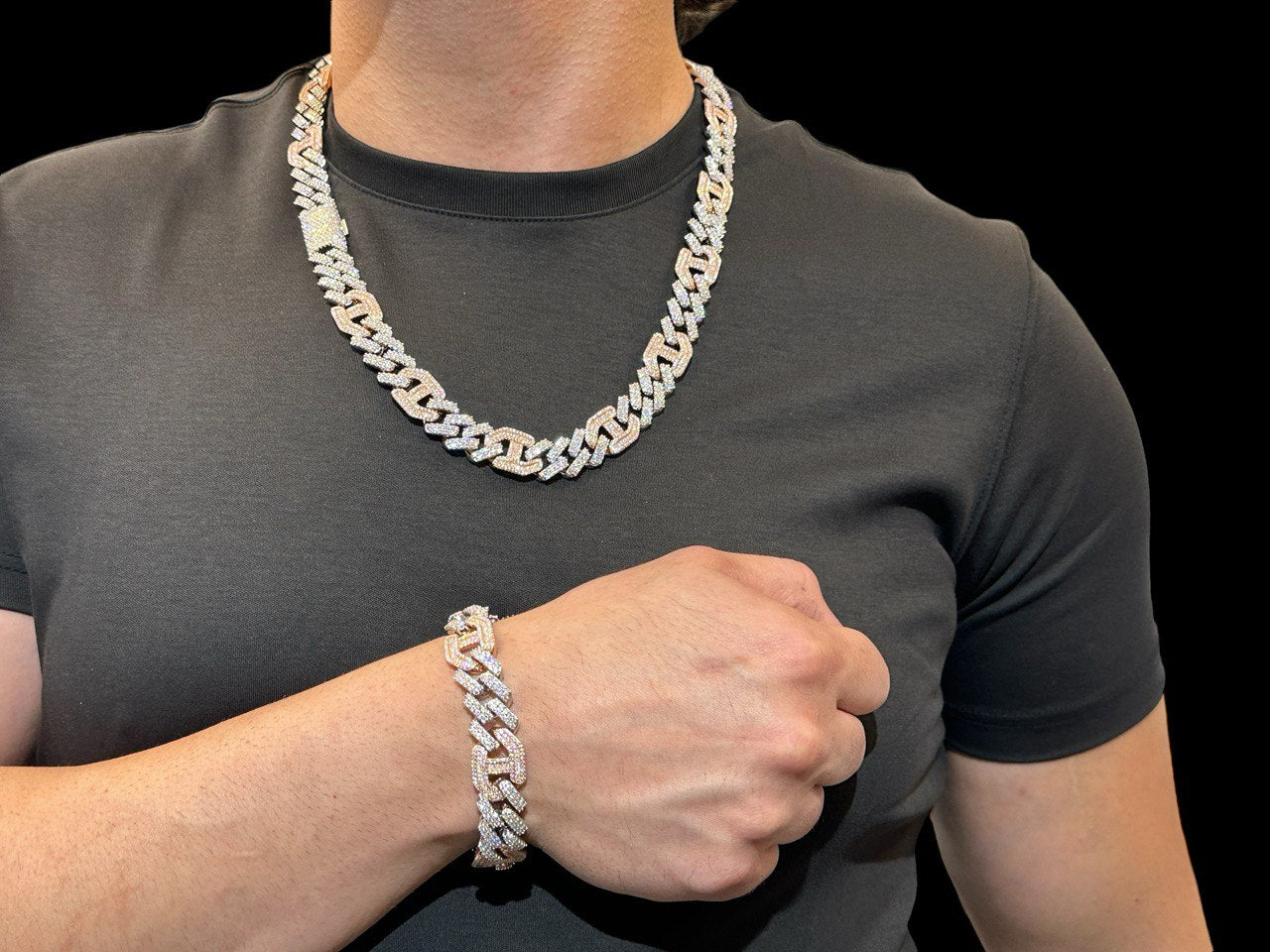 Sterling Silver Solid New Style Miami Cuban Chain Necklace with VVS-D Moissanite Stones, Three Color Options