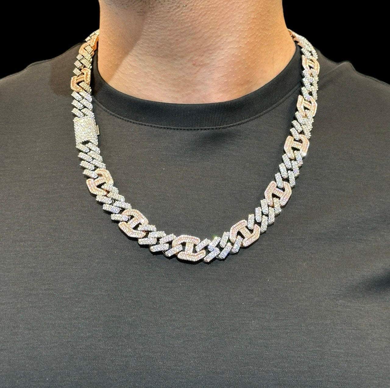 Sterling Silver Solid New Style Miami Cuban Chain Necklace with VVS-D Moissanite Stones, Three Color Options