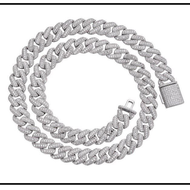 Sterlig Silver Solid Miami Cuban Chain Necklace -  12MM - 12.79ct VVS Moissanite