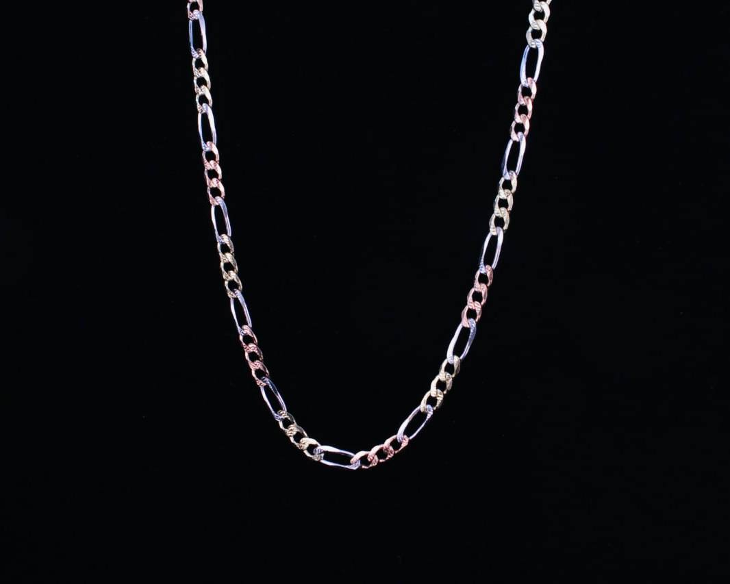 14K Solid Figaro 3-Color Chain Necklace - 4.4 MM
