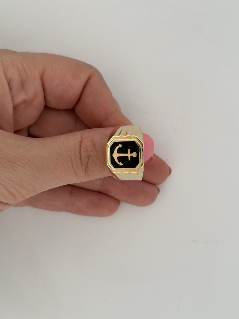 14K Gold Anchor with Onyx Ring