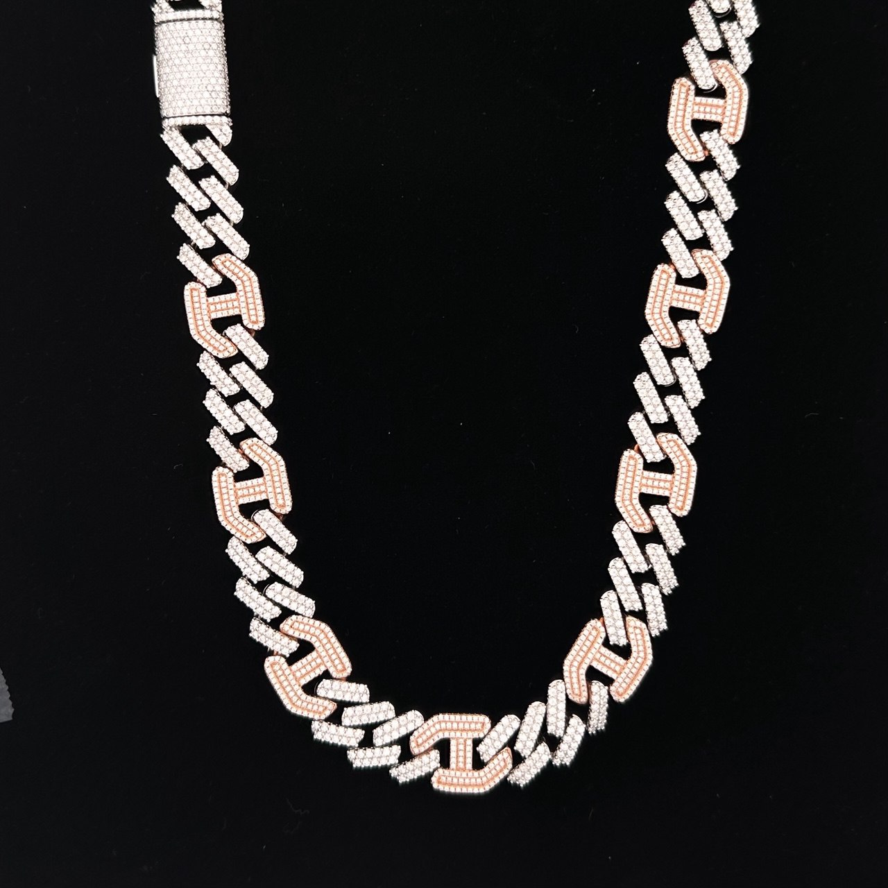 Sterling Silver Solid New Style Miami Cuban Chain Necklace with VVS-D Moissanite Stones, Three Color Options
