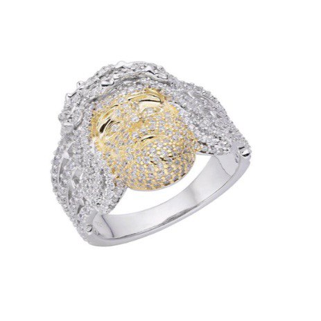 Sterling Silver Jesus Head Ring with VVS Moissanite Stones, Two Color Options, 2.23 Total Carats